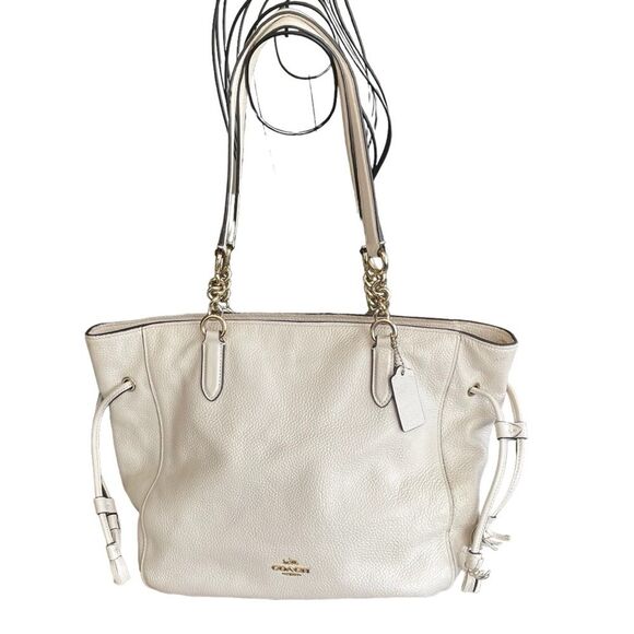 COACH ELLE LEATHER CHAIN TOTE SHOULDER BAG 72650 WHITE CHALK PEBBLE PURSE - Picture 1 of 13